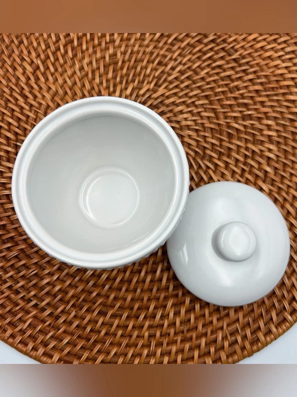 Pottery Barn Emma White Beaded Sugar Bowl Ceramic Rustic Farmhouse With Lid